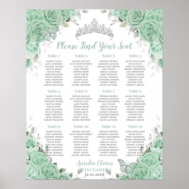 Quinceañera Mint Green Floral Silver Sitzplatz Poster (Vorne)