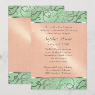 Quinceanera Mint Green Peach Silver Filigree Swirl Einladung