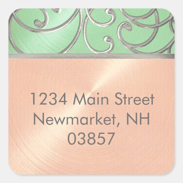 Quinceanera Mint Green Peach Silver Filigree Swirl Quadratischer Aufkleber (Vorderseite)