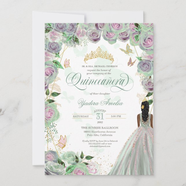 Quinceanera Mint Green Rose Elegante Schmetterling Einladung (Vorderseite)