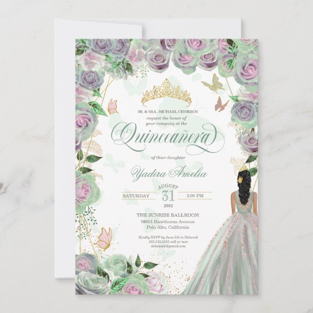 Quinceanera Mint Green Rose Eleganter Schmetterlin Einladung (Vorderseite)