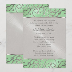 Quinceanera Mint Green und Silver Filigree Wirbel Einladung