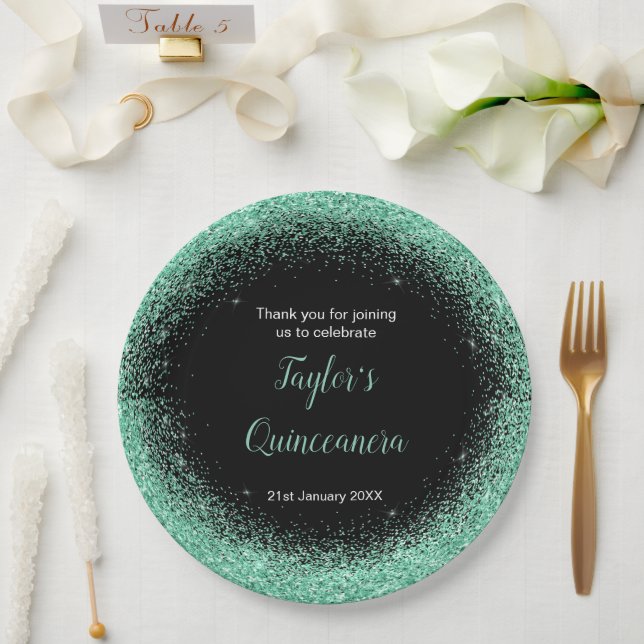 Quinceanera Minze Green Imitats Glitzer Pappteller (Hochzeit)