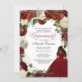 Quinceanera mit eleganten Gown- und Bordeaux-Blume Einladung