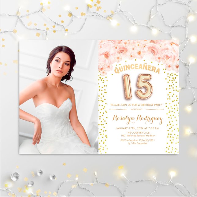 Quinceanera mit Foto-Gold-Rosa-Blüte Einladung (Von Creator hochgeladen)