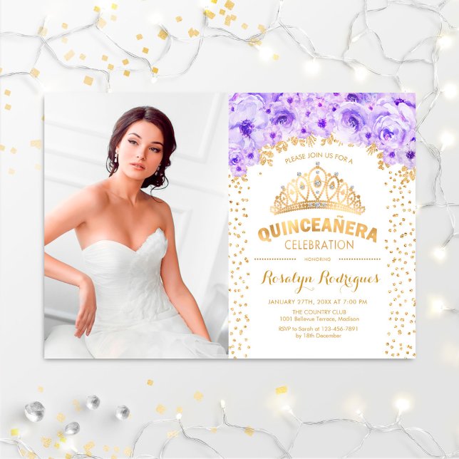 Quinceanera mit Foto - Lila Gold Einladung (Von Creator hochgeladen)