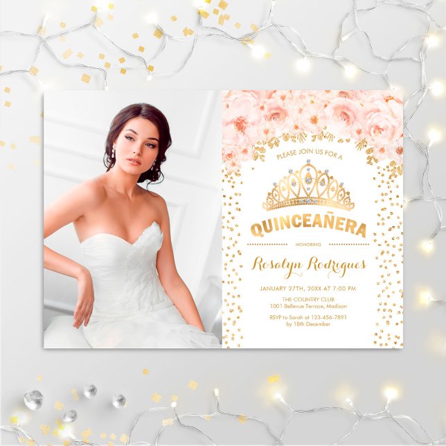Quinceanera mit Foto - Rosen aus Gold Einladung (Von Creator hochgeladen)