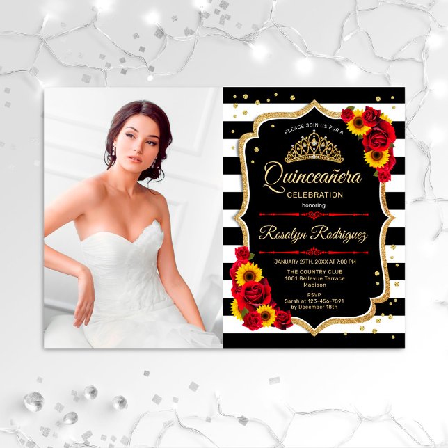 Quinceanera mit Foto - Rote Rosen Sonnenblumen Einladung (Von Creator hochgeladen)