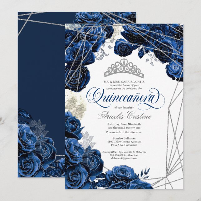 Quinceañera mit Royal Navy Blue Rose und Tiara   Einladung (Vorne/Hinten)