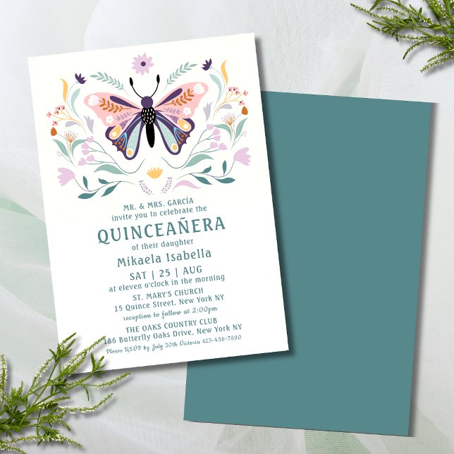 Quinceañera Moderne rosa Lila Schmetterlingsflora Einladung (Von Creator hochgeladen)