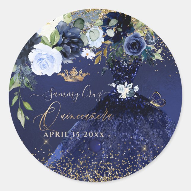 Quinceanera Navy Aquarellkleid Gold Glitzer Runder Aufkleber (Vorderseite)