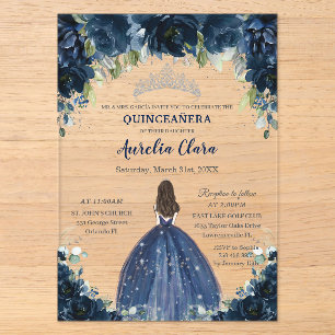 Quinceañera Navy Blau Blumen Silber Prinzessinnen Acryleinladungen