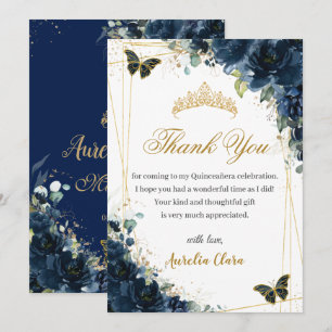 Quinceañera Navy Blau Floral Gold Schmetterlinge Dankeskarte