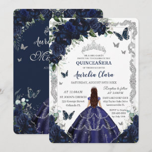 Quinceanera Navy Blau Floral Silber Prinzessin Einladung