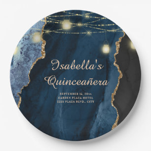 Quinceañera Navy Blau Gold Glitter Lichterkette Pappteller