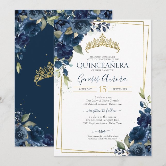 Quinceañera Navy Blue Elegante Wasserfarben Einladung (Vorne/Hinten)