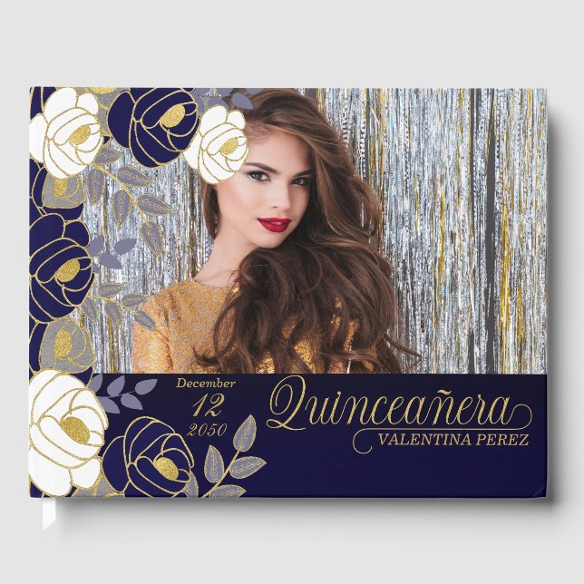 Quinceanera Navy Blue Floral Botanical Gästebuch (Vorderseite)