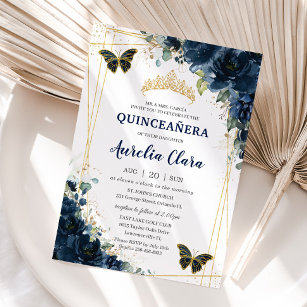 Quinceañera Navy Blue Floral Butterfells Krone Einladung