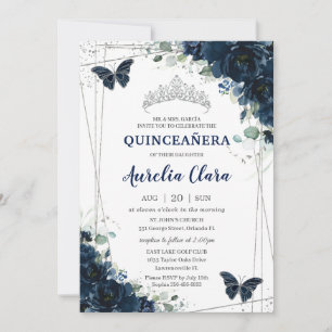 Quinceañera Navy Blue Floral Butterfisch Silver Einladung
