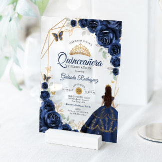 Quinceanera Navy Blue Floral Dress Gold Acryleinladungen
