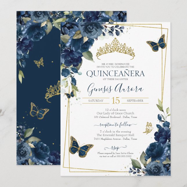 Quinceañera Navy Blue Floral Gold Butterfly Einladung (Vorne/Hinten)