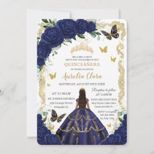 Quinceañera Navy Blue Floral Gold Princess Einladung