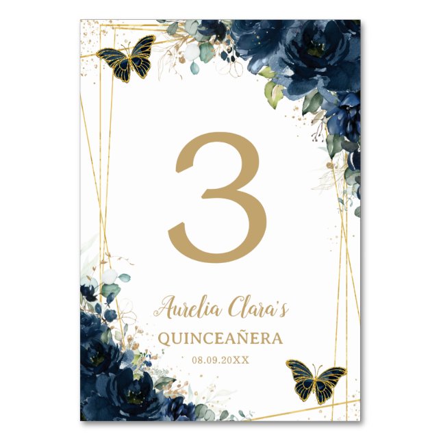 Quinceañera Navy Blue Floral Gold Schmetterlinge Tischnummer (Vorderseite)