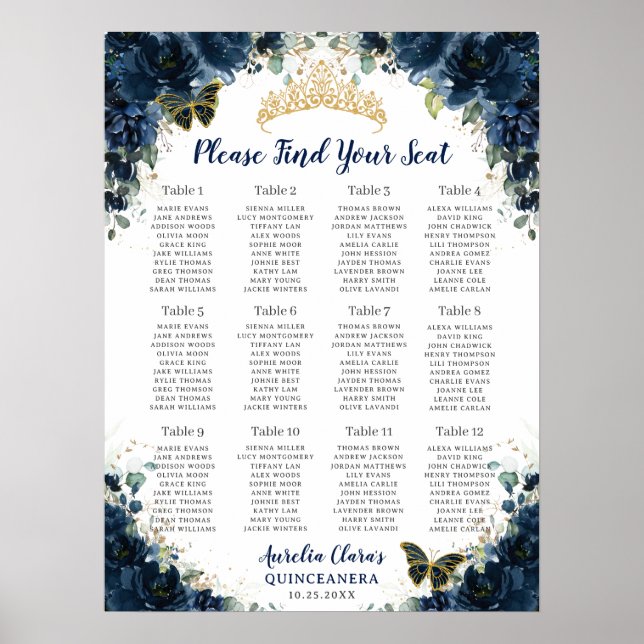Quinceañera Navy Blue Floral Gold Seekarte Poster (Vorne)