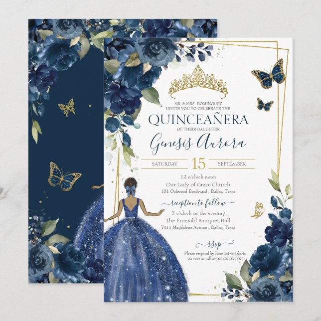 Quinceañera Navy Blue Floral Schmetterlinge und Kl Einladung (Vorne/Hinten)