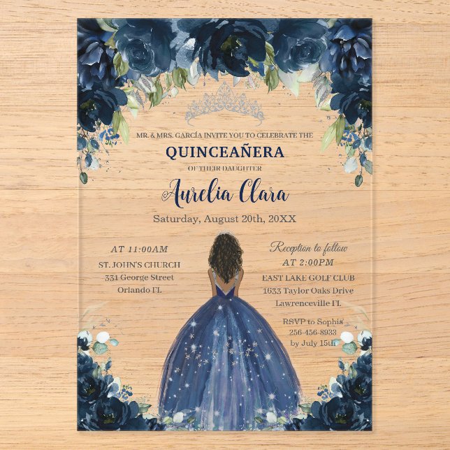 Quinceanera Navy Blue Floral Silver Brown Princess Acryleinladungen (Vorderseite)