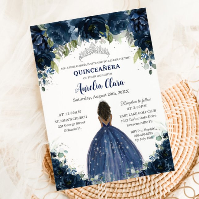 Quinceañera Navy Blue Floral Silver Brown Princess Einladung (Von Creator hochgeladen)