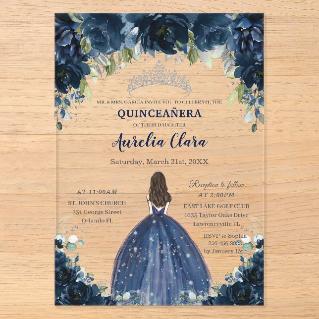 Quinceañera Navy Blue Floral Silver Princess Crown Acryleinladungen (Vorderseite)