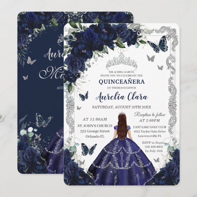 Quinceanera Navy Blue Floral Silver Princess  Einladung (Vorne/Hinten)