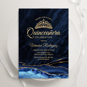 Quinceanera Navy Blue Gold Agate Marmor Einladung