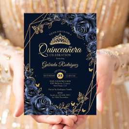Quinceanera Navy Blue Gold Floral Butterfly Einladung