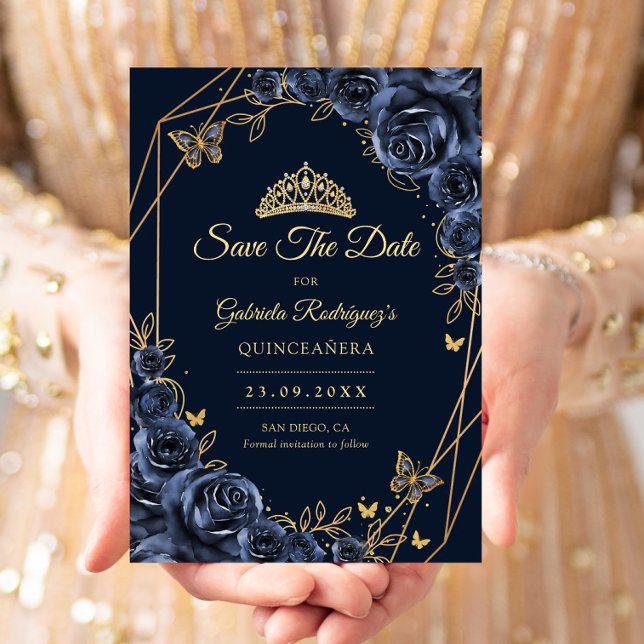 Quinceanera Navy Blue Gold Floral Butterfly Save The Date (Von Creator hochgeladen)