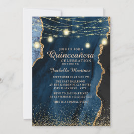 Quinceañera Navy Blue Gold Glitzer String Lights Einladung