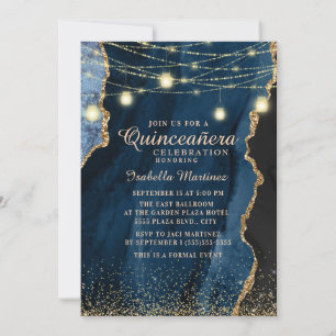 Quinceañera Navy Blue Gold Glitzer String Lights Einladung