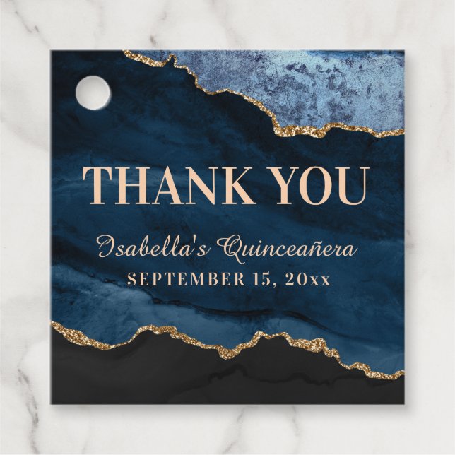 Quinceañera Navy Blue Marmorname Vielen Dank Geschenkanhänger (Vorderseite)
