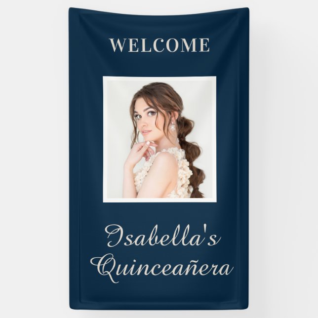 Quinceañera Navy Blue Name Foto Vertikal Banner (Vertikal)