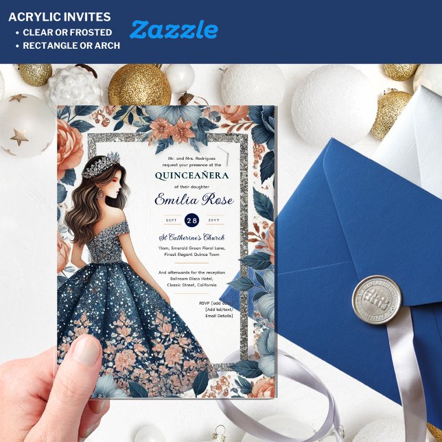 Quinceañera Navy Blue Rose Gold Dress Blume Acryleinladungen (Von Creator hochgeladen)