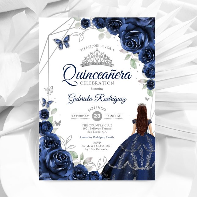 Quinceanera Navy Blue Silver Floral Dress Einladung (Von Creator hochgeladen)