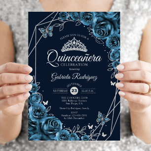 Quinceanera Navy Blue Silver Floral Einladung