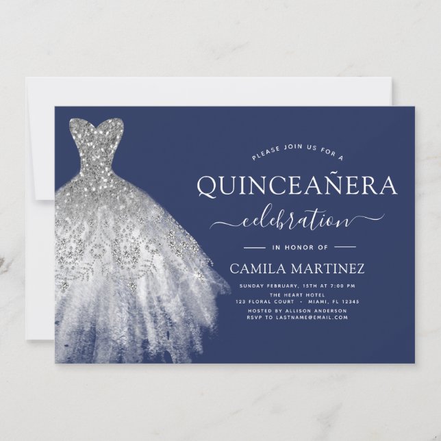 Quinceanera Navy Blue Silver Glitzer Sparkle Einladung (Vorderseite)