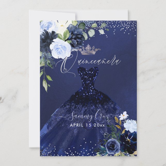 Quinceanera Navy Blue Watercolor Dress Einladung (Vorderseite)