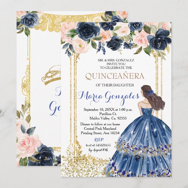 Quinceanera Navy Blumen Gold Einladung (Vorne/Hinten)