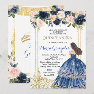 Quinceanera Navy Blumen Gold Einladung