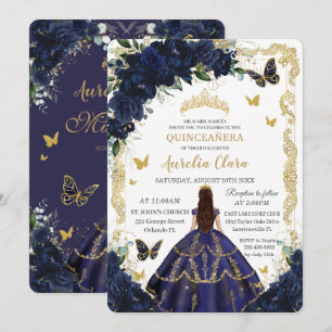 Quinceañera Navy Blumen Gold Prinzessin Einladung