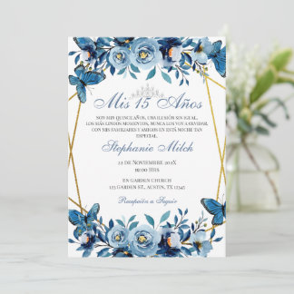Quinceanera Navy Floral Einladung Schmetterlinge