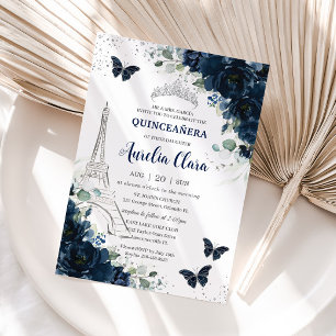 Quinceañera Navy Floral Paris Eiffel Butterfliegen Einladung